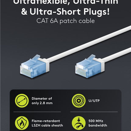 Ultra-flexible thin CAT 6A patch cable U/UTP 0.15M white