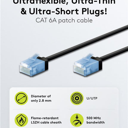 Ultra-flexible thin CAT 6A patch cable U/UTP 0.15M black