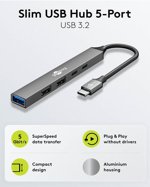 Slim 5-Port USB Hub, USB-C™ to USB-C™/USB-A, 5 Gbit/s