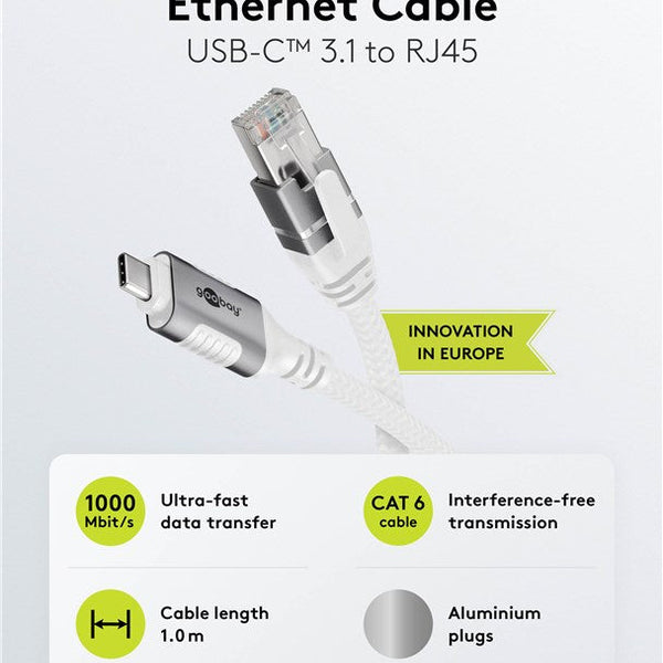 USB-C™ 3.1 to RJ45 Ethernet cable 1.5M white