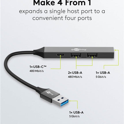 Slim 4-Port USB Hub, USB-A to USB-C™/USB-A, 5 Gbit/s