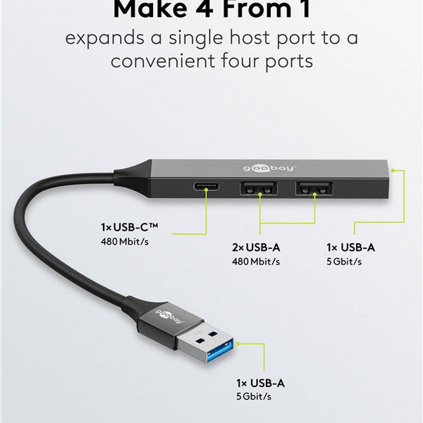 Slim 4-Poorts USB-Hub, USB-A naar USB-C™/USB-A, 5 Gbit/s