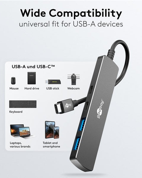 Slim 4-Poorts USB-Hub, USB-C™ naar USB-C™/USB-A, 5 Gbit/s