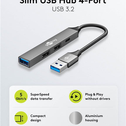 Slim 4-Port USB Hub, USB-A to USB-C™/USB-A, 5 Gbit/s