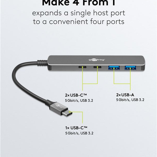 Slim 4-Poorts USB-Hub, USB-C™ naar USB-C™/USB-A, 5 Gbit/s