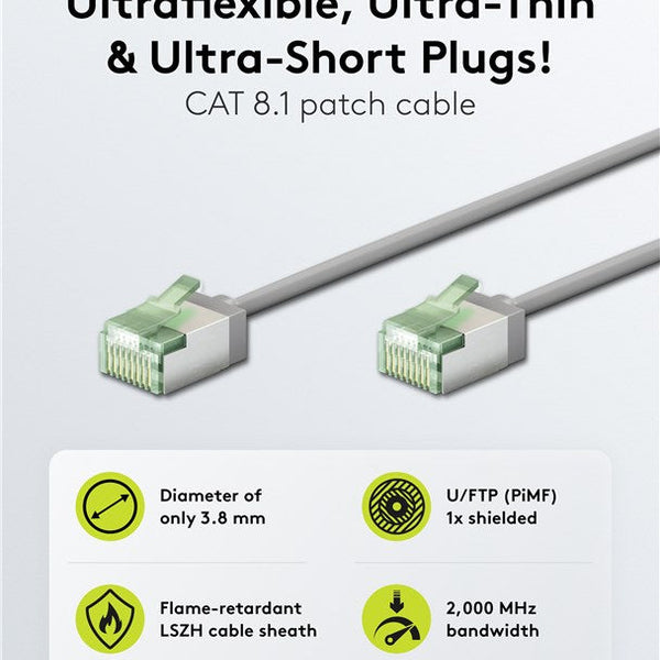 Ultra-flexible 0.15 M CAT 8.1 patch cable, slim, U/FTP, gray