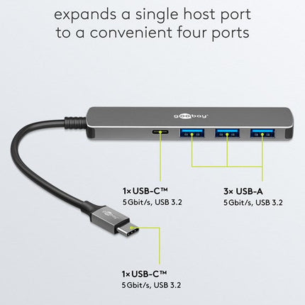 Slim 4-Port USB Hub, USB-C™ to USB-C™/USB-A, 5 Gbit/s