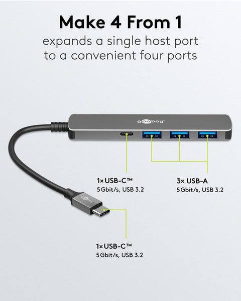 Slim 4-Poorts USB-Hub, USB-C™ naar USB-C™/USB-A, 5 Gbit/s