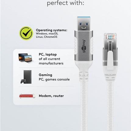 USB-A 3.0 naar RJ45 Ethernet kabel 2M - wit