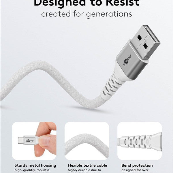 USB-C naar USB-A 2M flexibele siliconen textielkabel wit