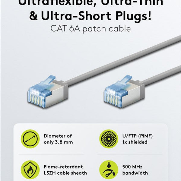 Ultra-flexible 7.5M CAT 6A patch cable, slim, U/FTP, gray