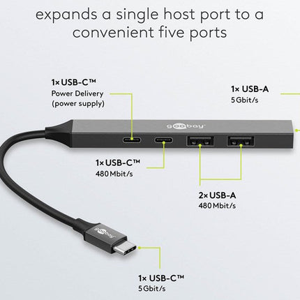 Slim 5-Port USB Hub, USB-C™ to USB-C™/USB-A, 5 Gbit/s