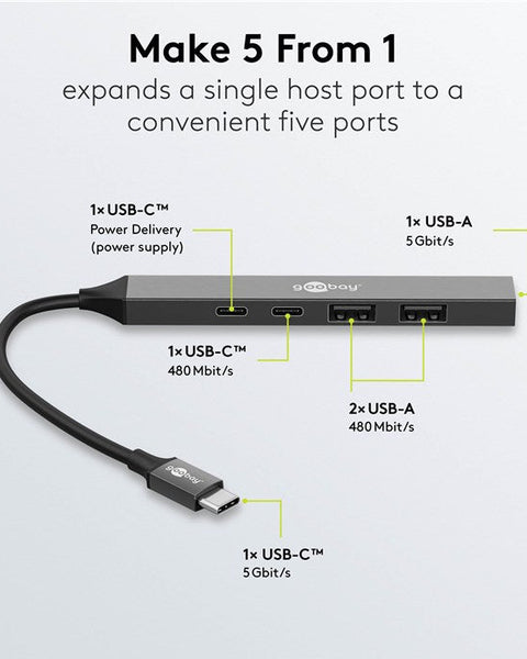 Slim 5-Port USB Hub, USB-C™ to USB-C™/USB-A, 5 Gbit/s