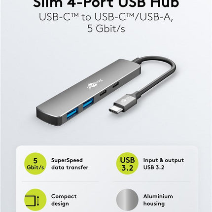 Slim 4-Poorts USB-Hub, USB-C™ naar USB-C™/USB-A, 5 Gbit/s