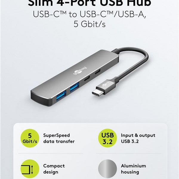 Slim 4-Poorts USB-Hub, USB-C™ naar USB-C™/USB-A, 5 Gbit/s