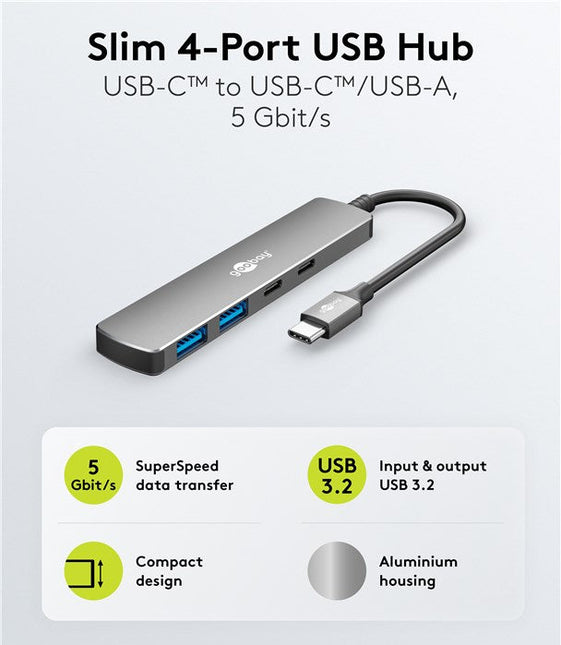 Slim 4-Poorts USB-Hub, USB-C™ naar USB-C™/USB-A, 5 Gbit/s