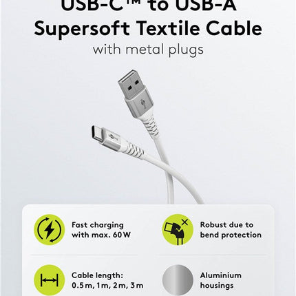 USB-C to USB-A 0.5M flexible silicone textile cable