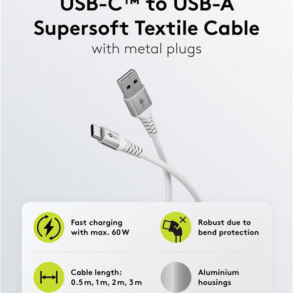 USB-C naar USB-A 2M flexibele siliconen textielkabel wit