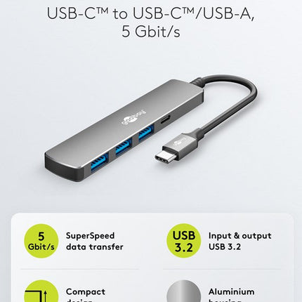 Slim 4-Port USB Hub, USB-C™ to USB-C™/USB-A, 5 Gbit/s
