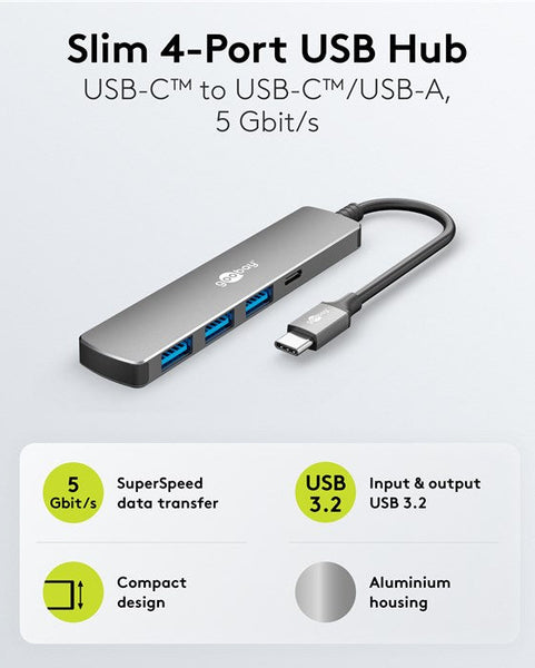 Slim 4-Poorts USB-Hub, USB-C™ naar USB-C™/USB-A, 5 Gbit/s