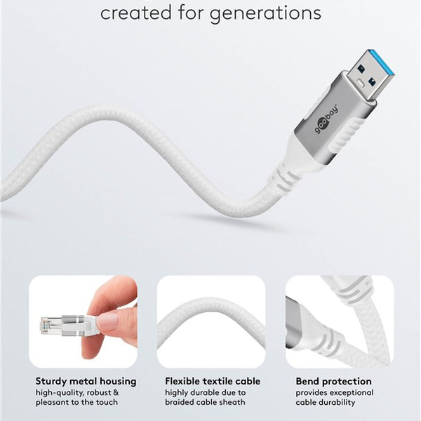 USB-A 3.0 to RJ45 Ethernet cable 1M - white