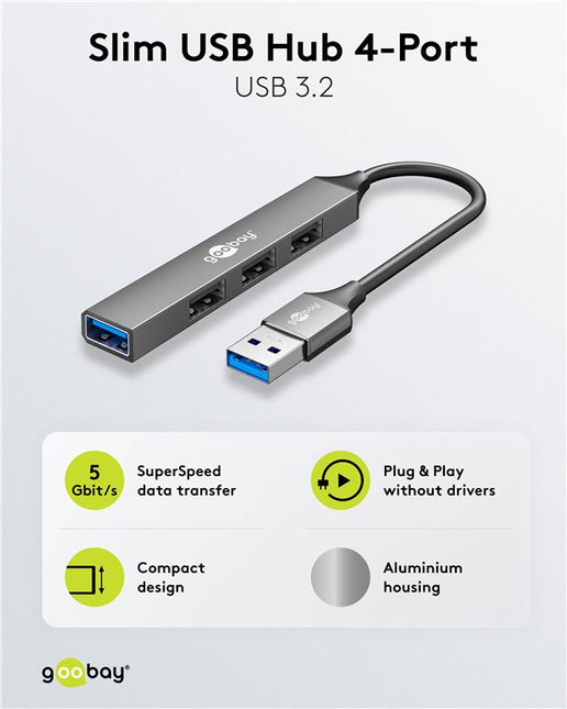Slim 4-Poorts USB-Hub – USB-A naar 4x USB-A (5 Gbps)
