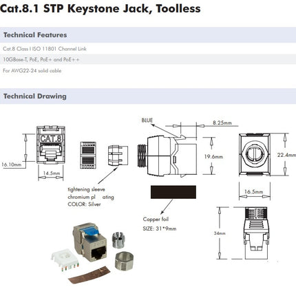 CAT8.1 keystone jack RJ45 STP toolless