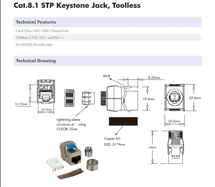 CAT8.1 keystone jack RJ45 STP toolless