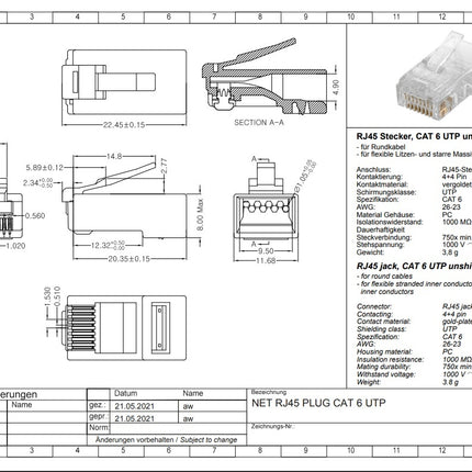 CAT6 Connector RJ45 - UTP 10 stuks voor soepele en stugge kabel