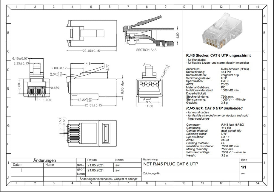 CAT6 Plug RJ45 - UTP 10 pcs