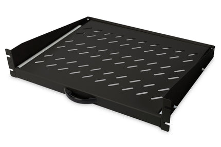 19Inch 2U uitschuifbaar legbord voor kasten vanaf 450 mm diepte 88x483x352 mm, tot 30 kg, zwart (RAL 9005)