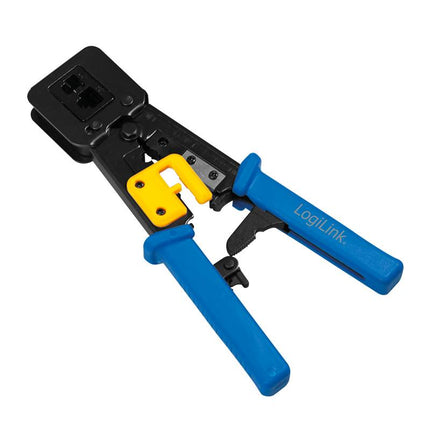 Crimping tool for RJ11, RJ12 and RJ45 plugs, with cutter