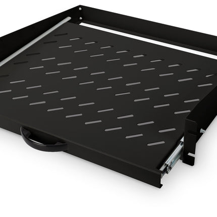 19Inch 2U uitschuifbaar legbord voor kasten vanaf 450 mm diepte 88x483x352 mm, tot 30 kg, zwart (RAL 9005)