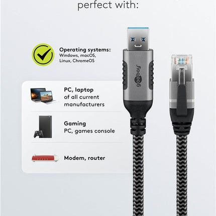 USB-A 3.0 naar RJ45 Ethernet kabel 1M - zwart